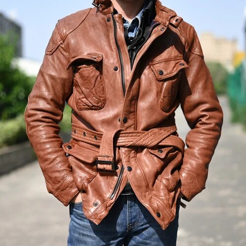 Men's Vintage Slim Fit Vegetable Tanned Sheepskin Leather Street Jacket