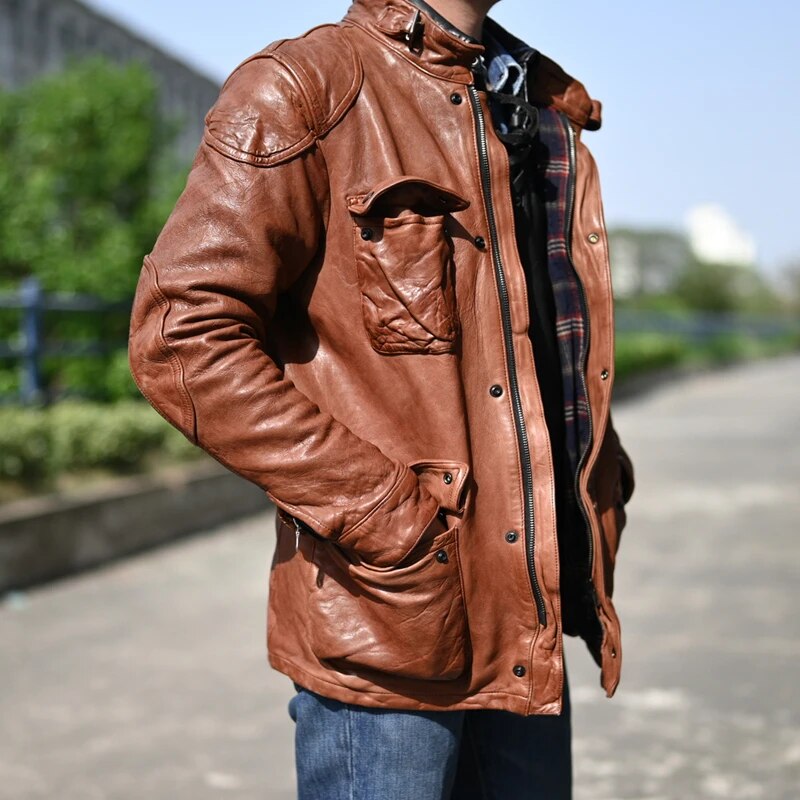 Men's Vintage Slim Fit Vegetable Tanned Sheepskin Leather Street Jacket