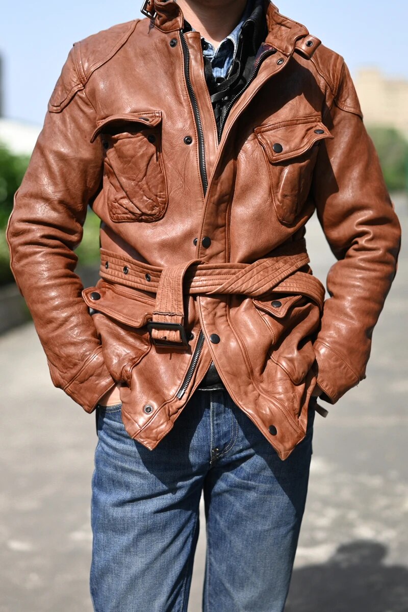 Men's Vintage Slim Fit Vegetable Tanned Sheepskin Leather Street Jacket