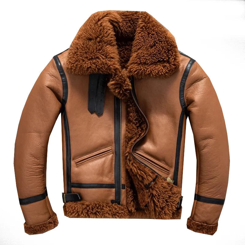 Men's Winter Real Sheepskin Leather Shearling Fur Super Warm Jacket