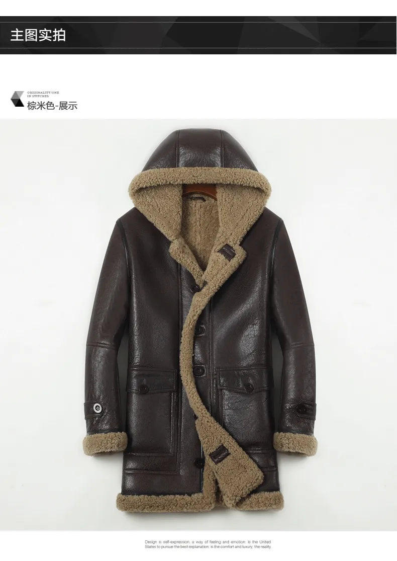 Men's Winter Sheepskin Leather Solid Pattern Thick Hooded Jacket