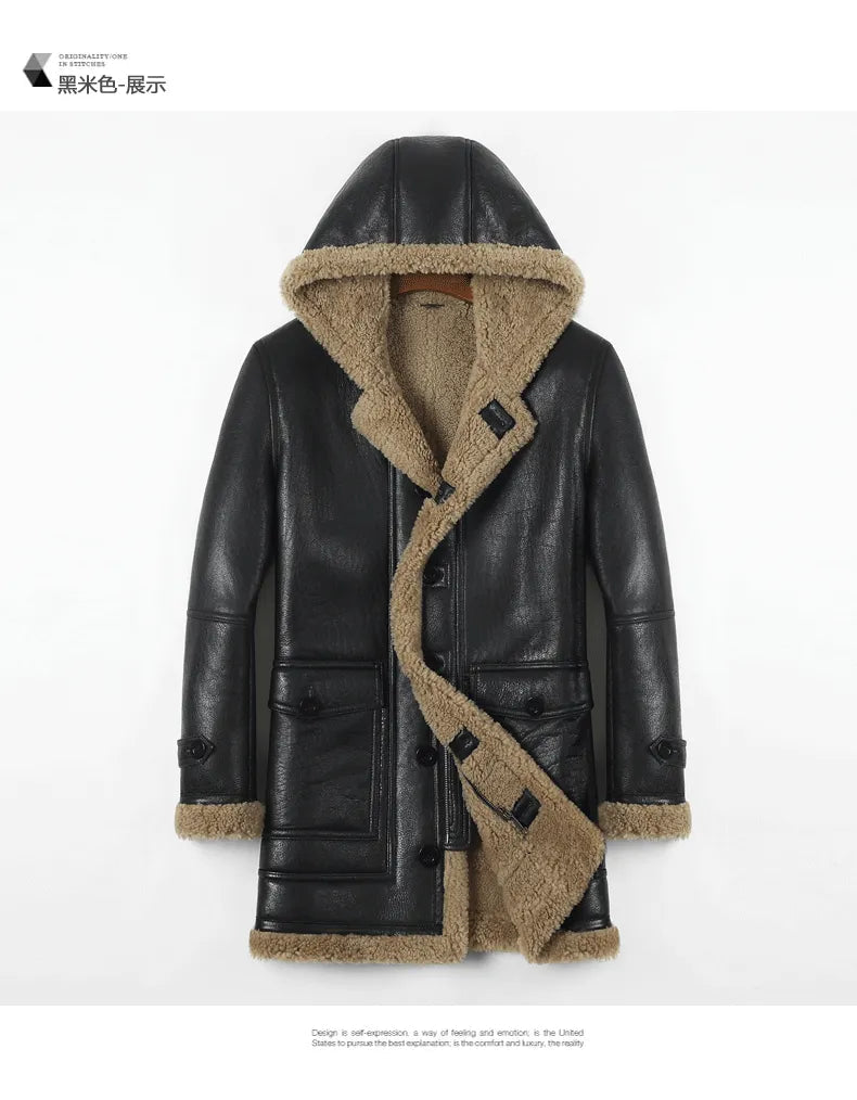 Men's Winter Sheepskin Leather Solid Pattern Thick Hooded Jacket