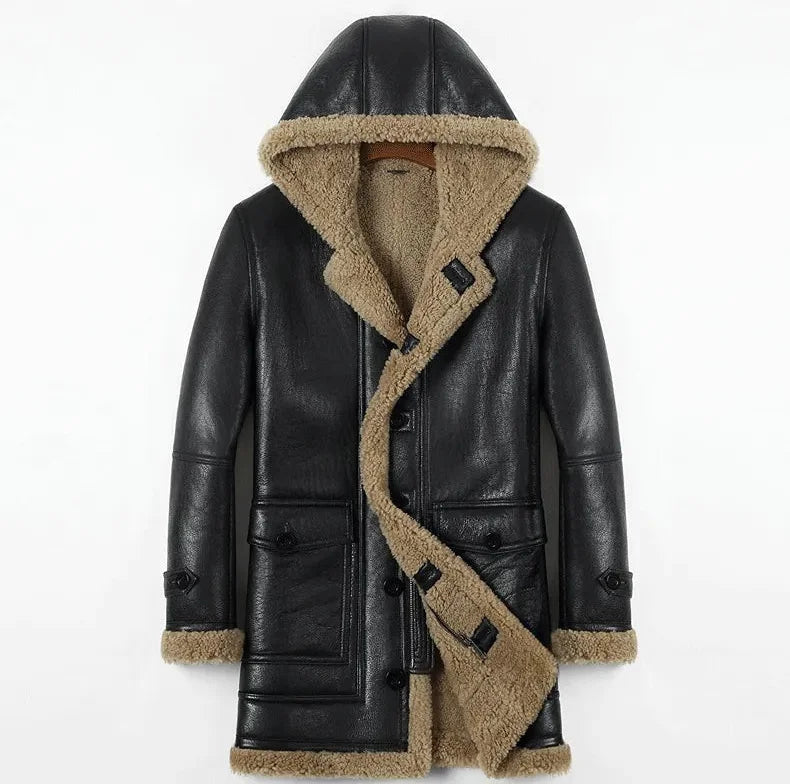 Men's Winter Sheepskin Leather Solid Pattern Thick Hooded Jacket