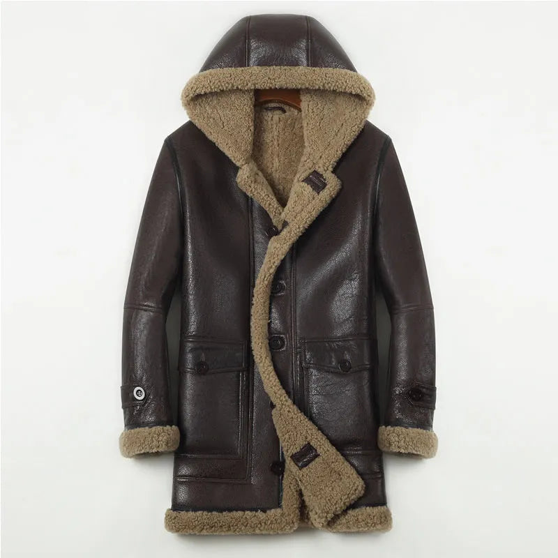 Men's Winter Sheepskin Leather Solid Pattern Thick Hooded Jacket