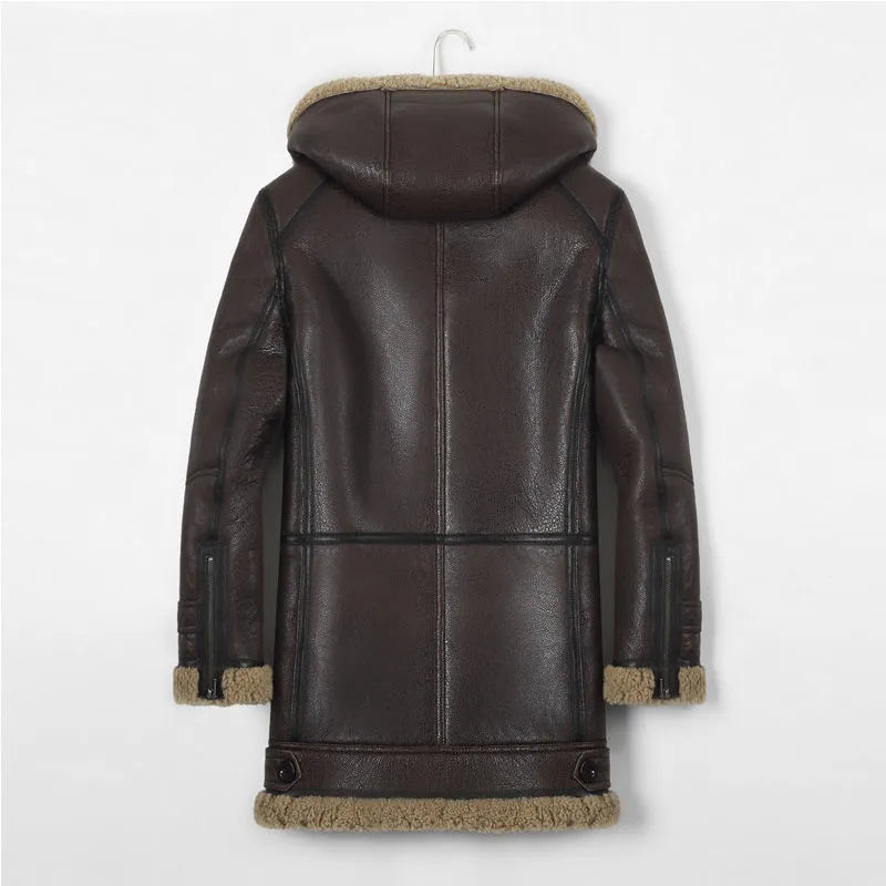 Men's Winter Sheepskin Leather Solid Pattern Thick Hooded Jacket