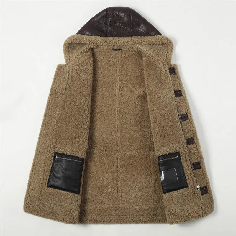 Men's Winter Sheepskin Leather Solid Pattern Thick Hooded Jacket