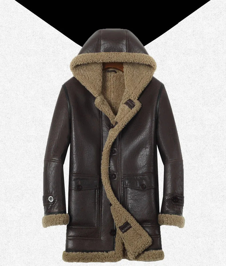 Men's Winter Sheepskin Leather Solid Pattern Thick Hooded Jacket