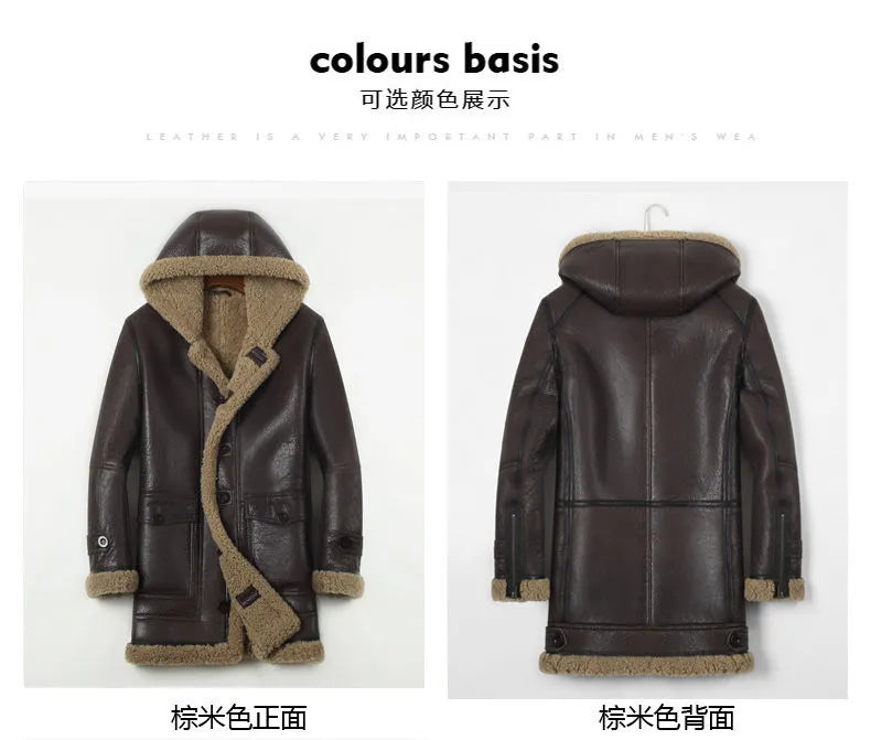 Men's Winter Sheepskin Leather Solid Pattern Thick Hooded Jacket