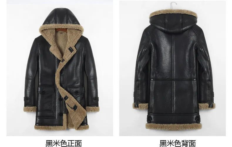 Men's Winter Sheepskin Leather Solid Pattern Thick Hooded Jacket