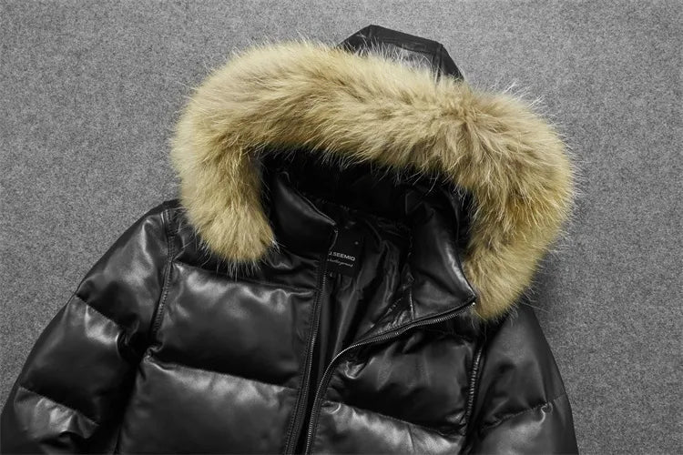 Men's Winter Sheepskin Leather Stand Collar Casual Hooded Puffer Coat