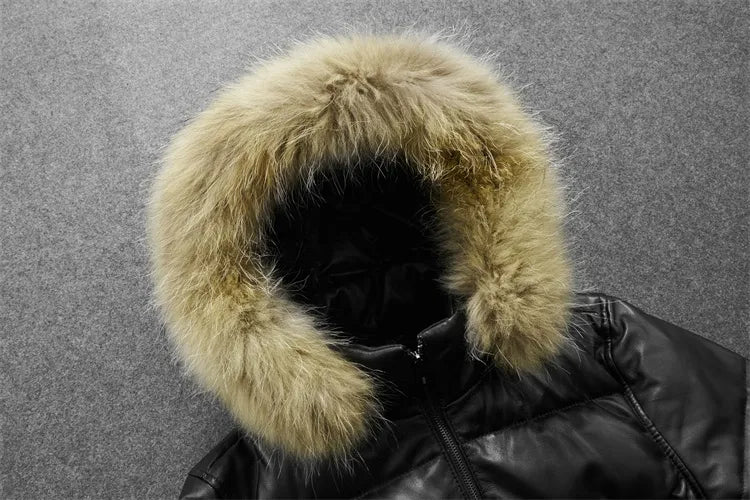 Men's Winter Sheepskin Leather Stand Collar Casual Hooded Puffer Coat