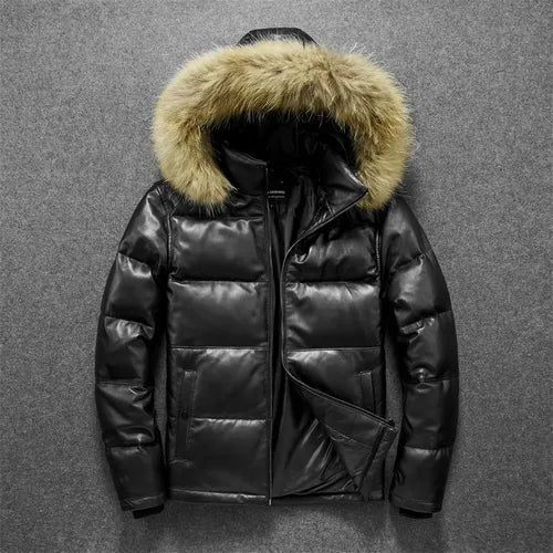 Men's Winter Sheepskin Leather Stand Collar Casual Hooded Puffer Coat