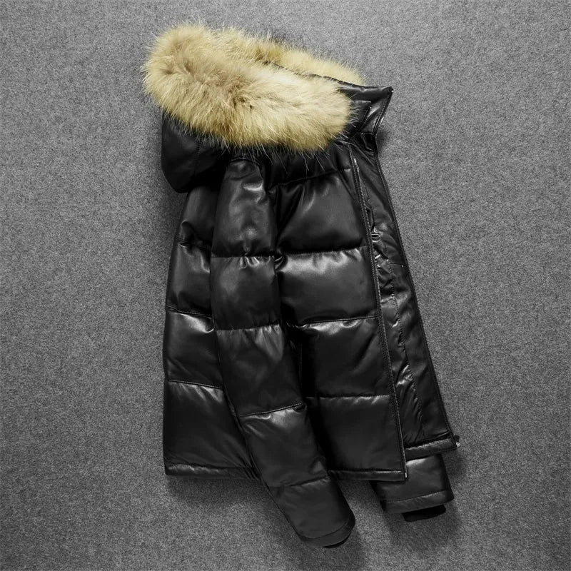 Men's Winter Sheepskin Leather Stand Collar Casual Hooded Puffer Coat