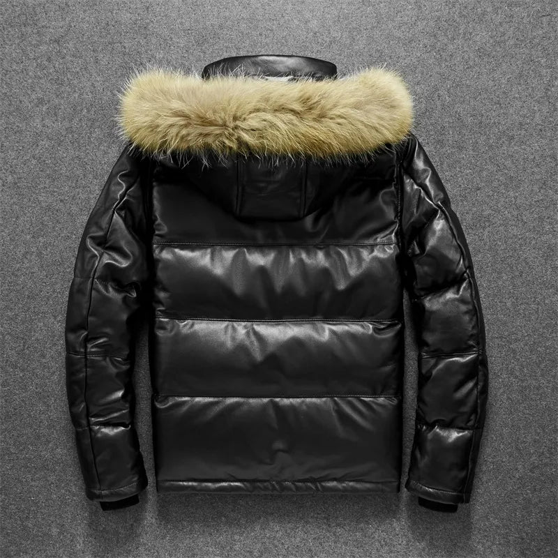 Men's Winter Sheepskin Leather Stand Collar Casual Hooded Puffer Coat