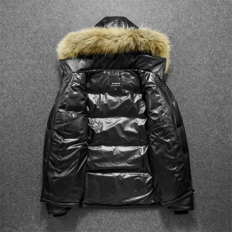 Men's Winter Sheepskin Leather Stand Collar Casual Hooded Puffer Coat