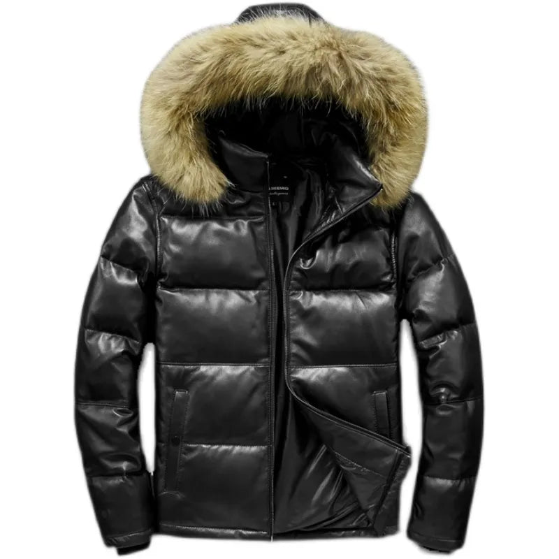 Men's Winter Sheepskin Leather Stand Collar Casual Hooded Puffer Coat