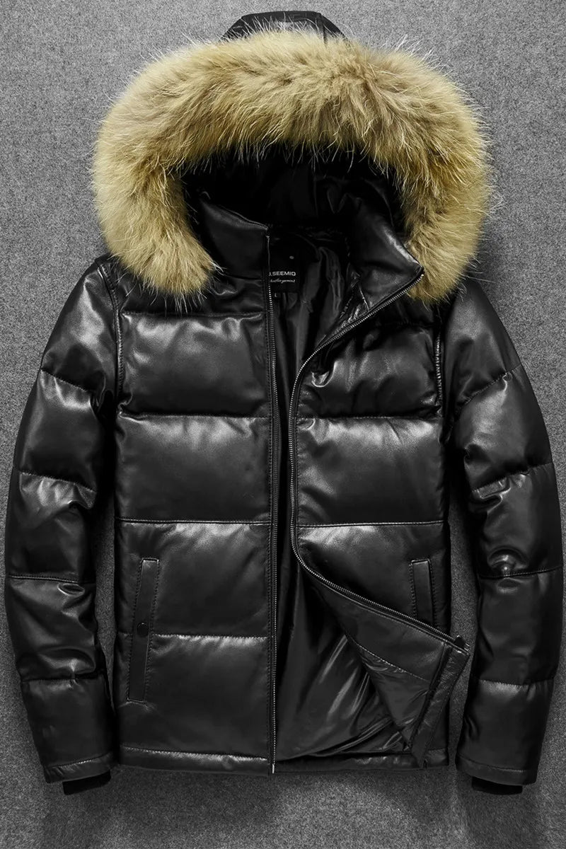 Men's Winter Sheepskin Leather Stand Collar Casual Hooded Puffer Coat