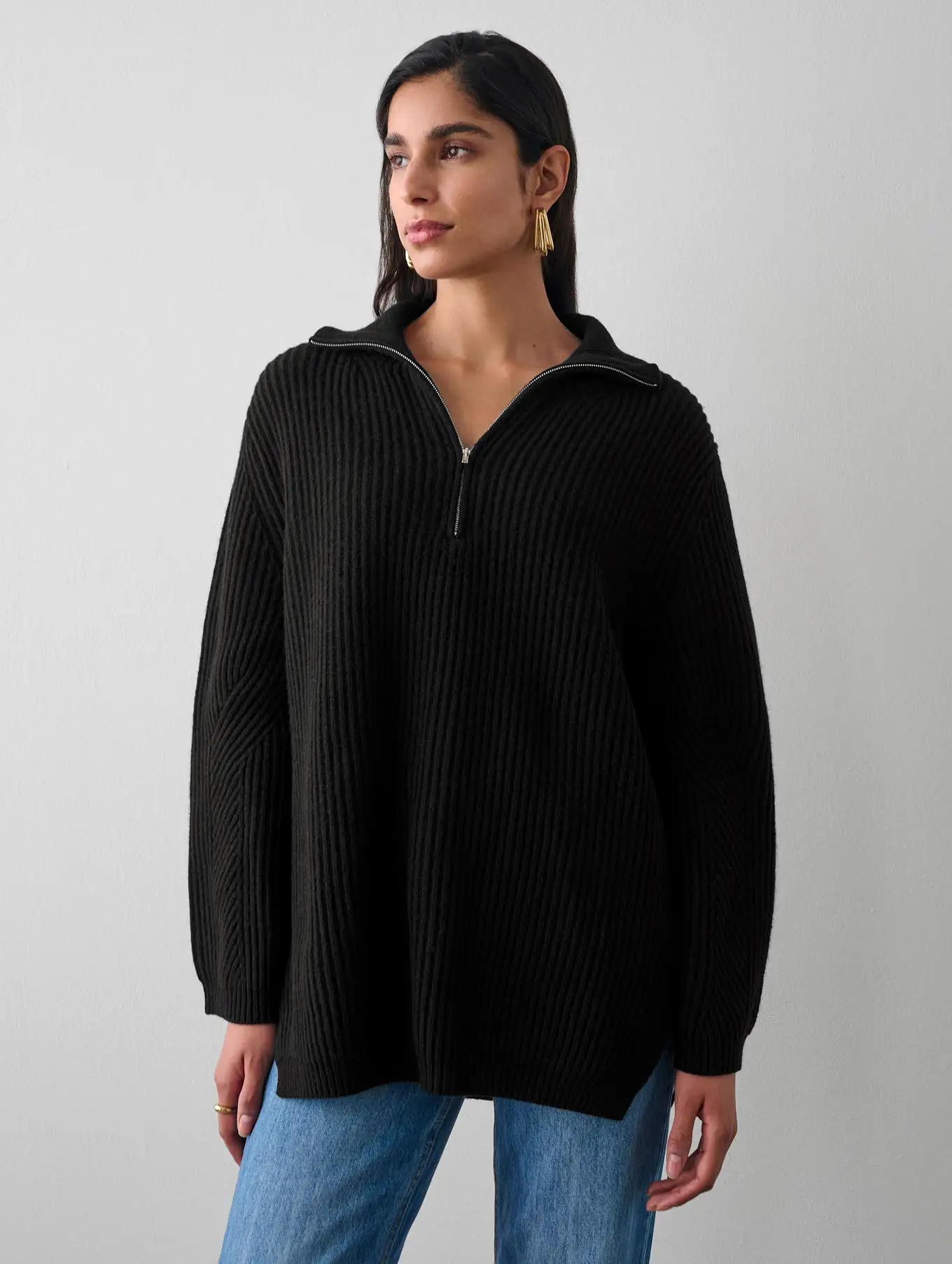 MERINO BLEND RIBBED HALF ZIP TUNIC