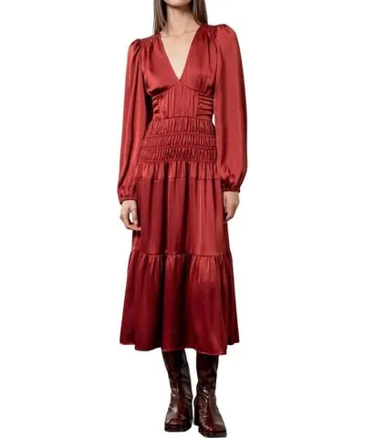 Moon River Merlot Satin Smocked Midi Dress