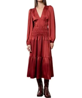 Moon River Merlot Satin Smocked Midi Dress