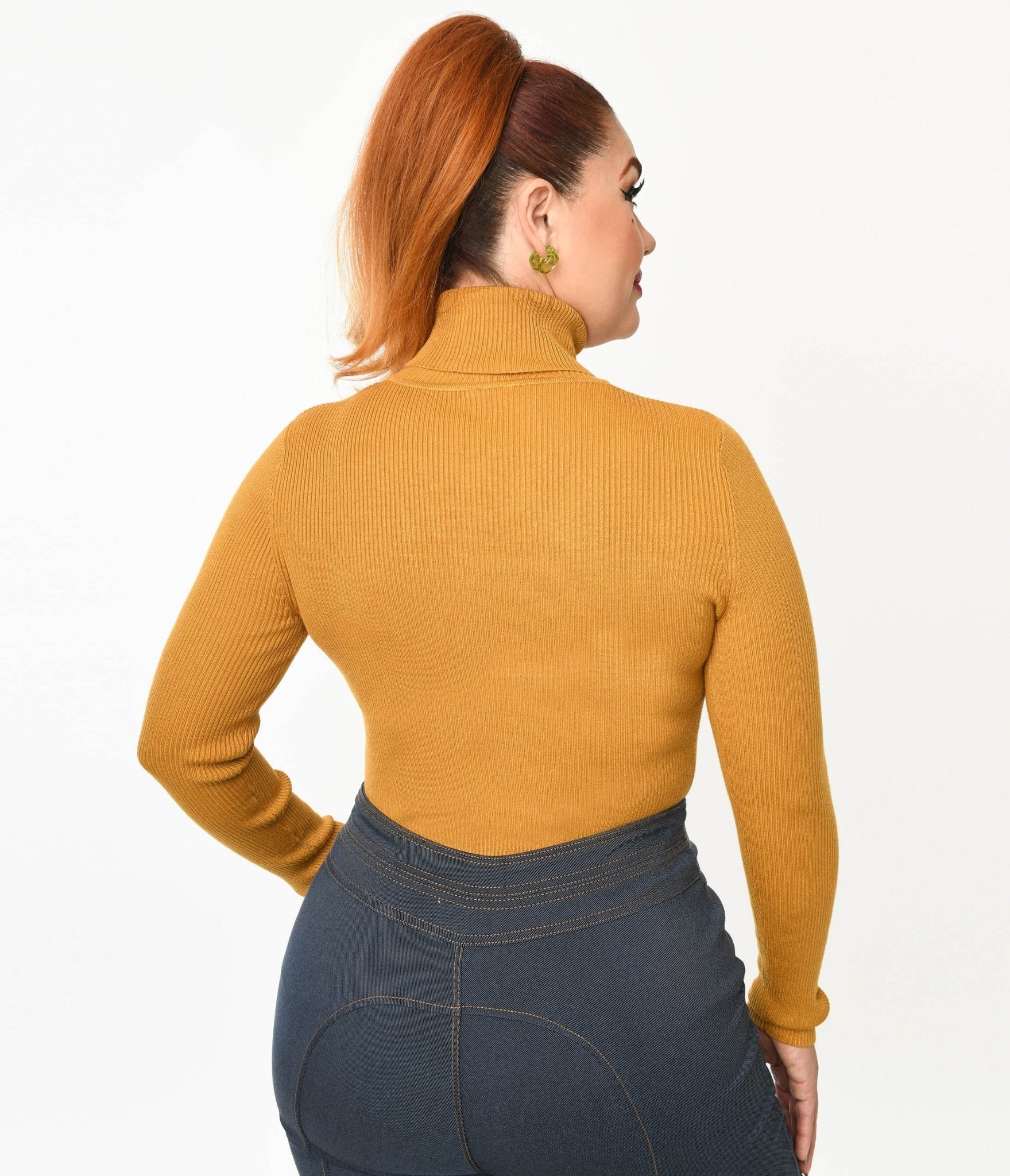 Mustard Yellow Mushroom Embroidered Turtleneck Sweater