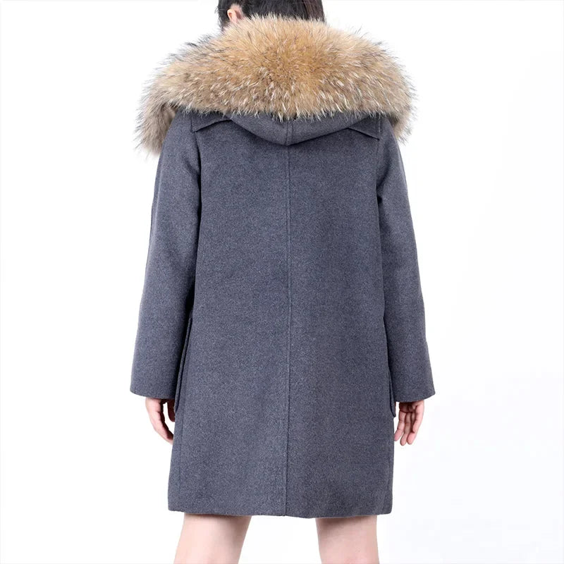 Natural Raccoon Fur Hooded Collar Woolen Winter Coat for Women