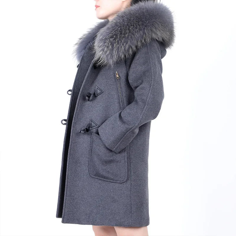 Natural Raccoon Fur Hooded Collar Woolen Winter Coat for Women