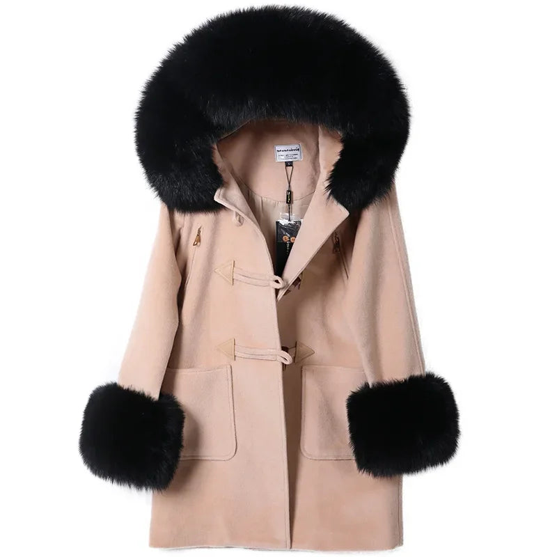 Natural Raccoon Fur Hooded Collar Woolen Winter Coat for Women