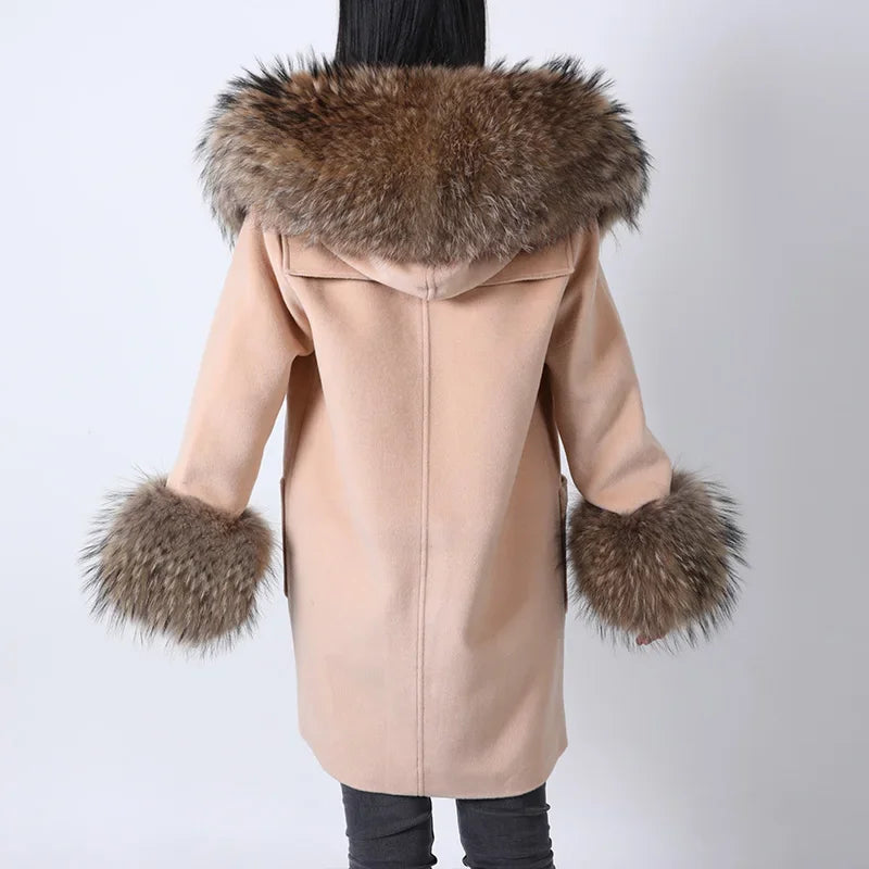 Natural Raccoon Fur Hooded Collar Woolen Winter Coat for Women