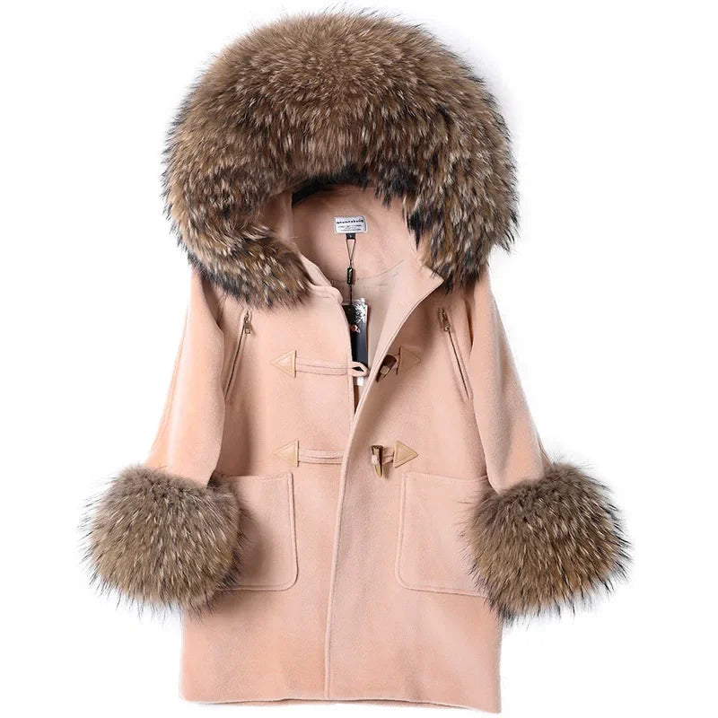 Natural Raccoon Fur Hooded Collar Woolen Winter Coat for Women