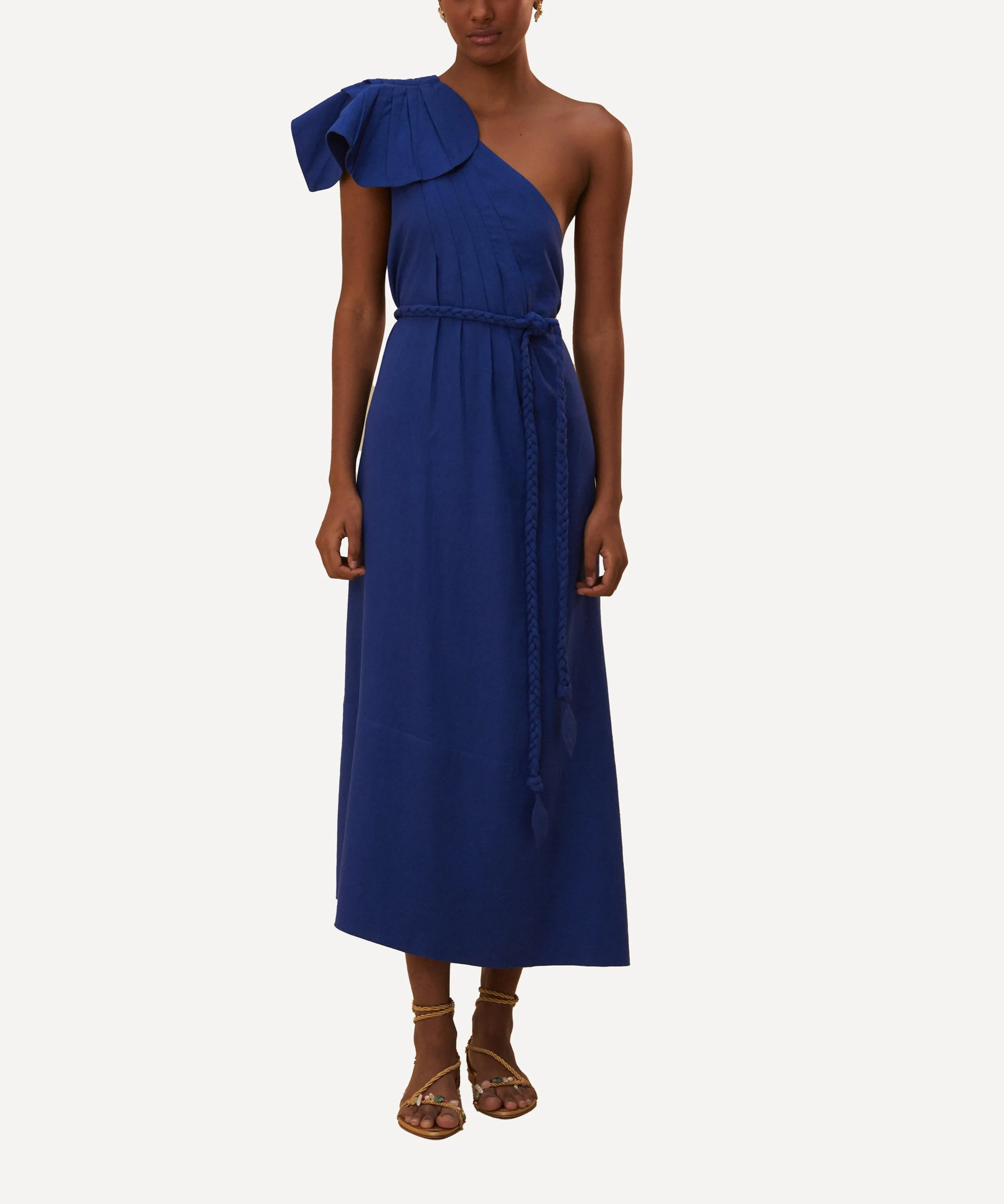 Navy Blue One Shoulder Leaf Maxi Dress