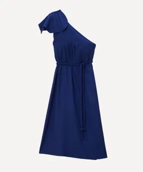 Navy Blue One Shoulder Leaf Maxi Dress