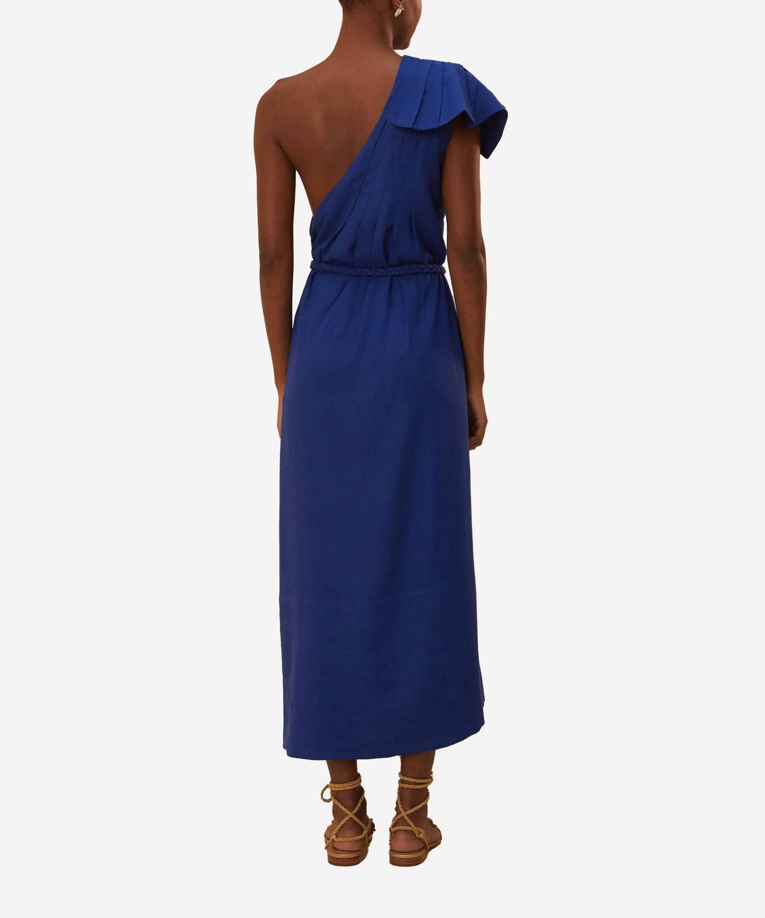 Navy Blue One Shoulder Leaf Maxi Dress