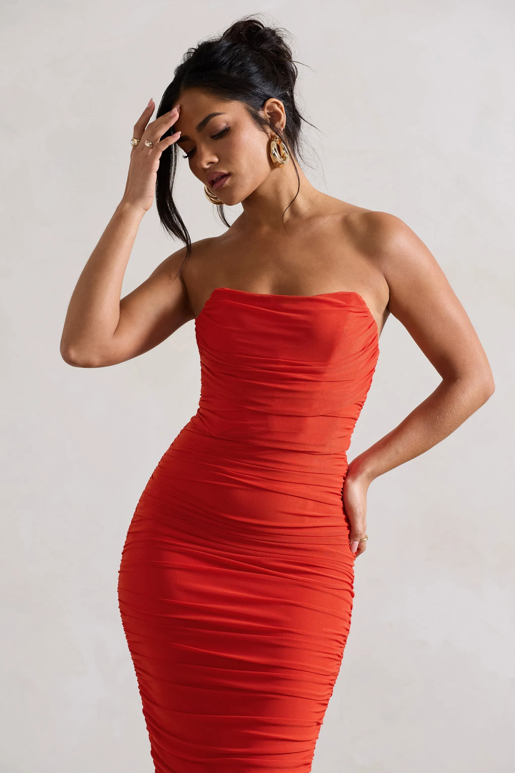 Nylah | Orange Ruched Corset Bodycon Midi Dress