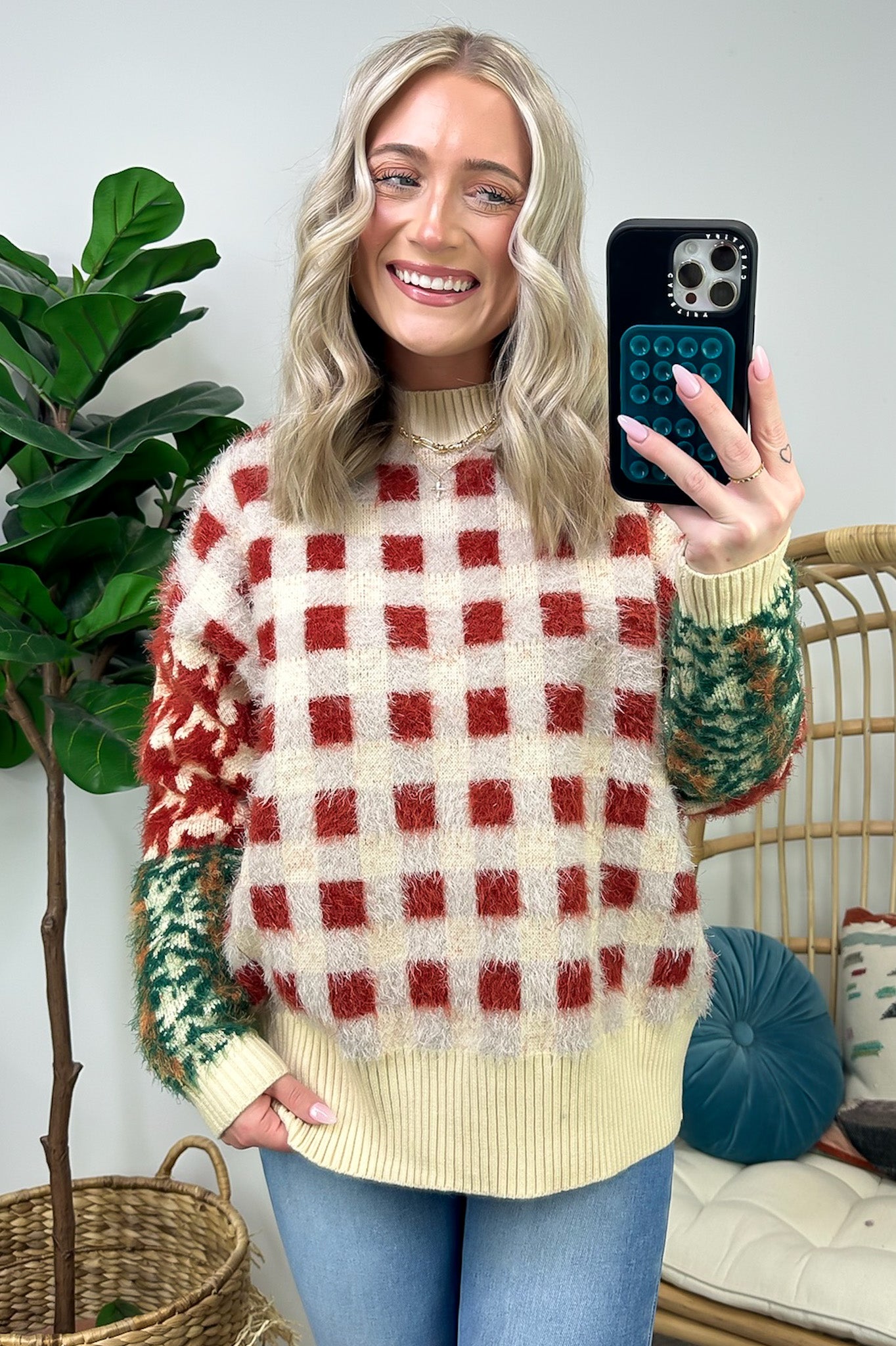 Plush Personality Fuzzy Knit Plaid Sweater - FINAL SALE