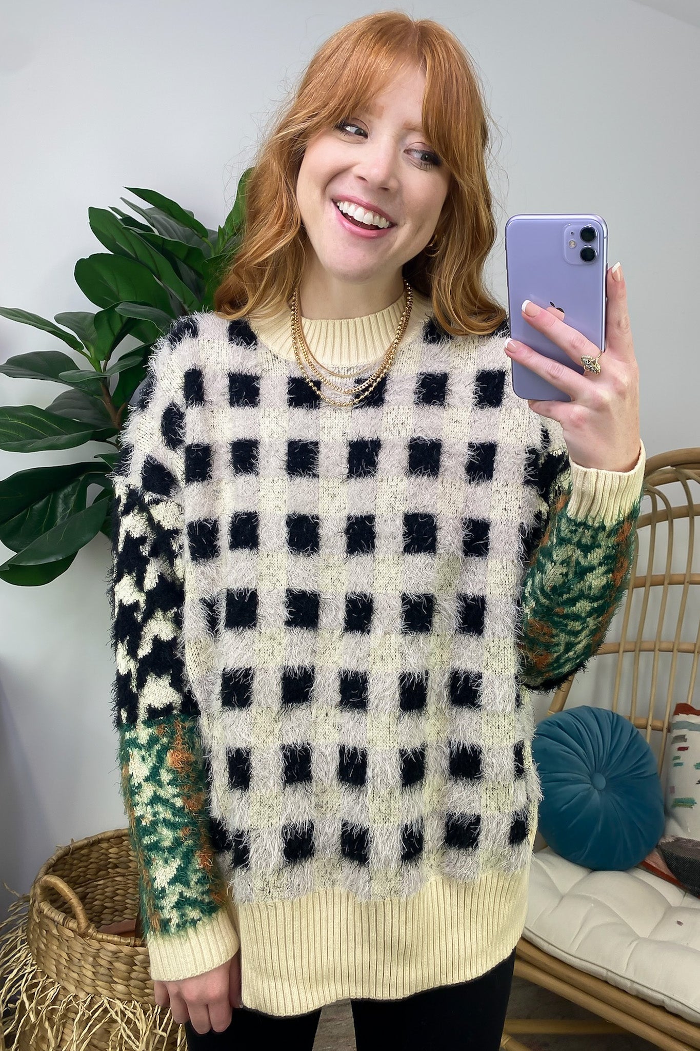 Plush Personality Fuzzy Knit Plaid Sweater - FINAL SALE