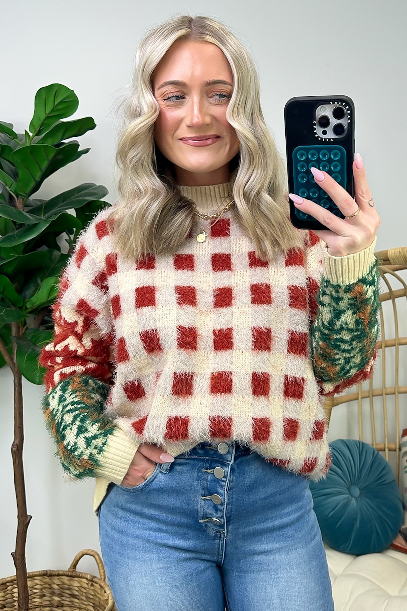 Plush Personality Fuzzy Knit Plaid Sweater - FINAL SALE