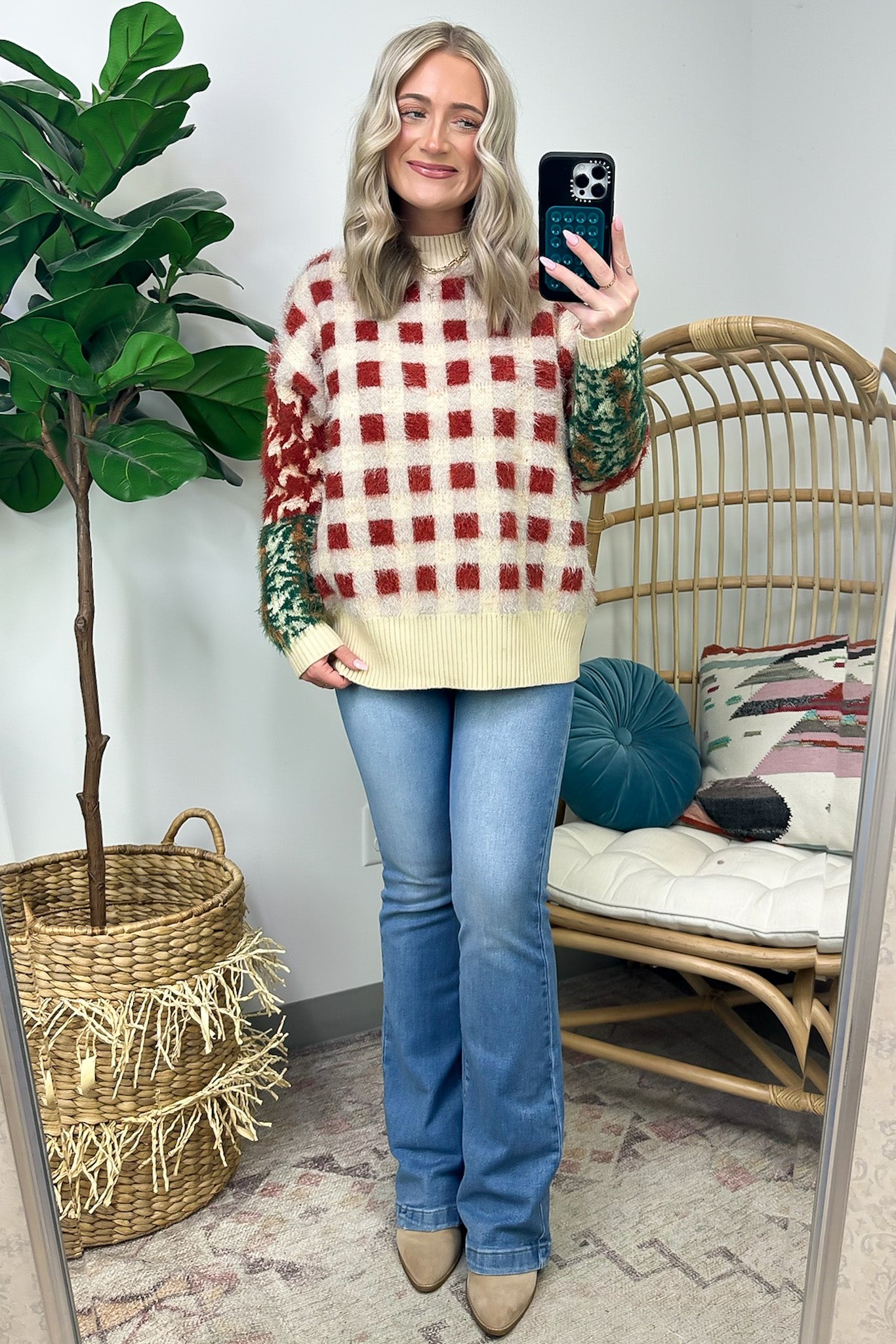 Plush Personality Fuzzy Knit Plaid Sweater - FINAL SALE