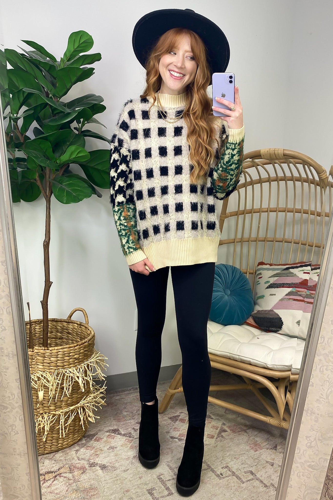 Plush Personality Fuzzy Knit Plaid Sweater - FINAL SALE