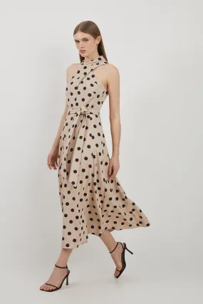 Polka Dot Premium Linen Tailored Halterneck Full Skirted Midi Dress | Karen Millen