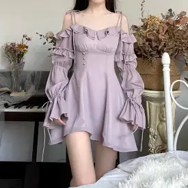 Pre-order Shiny pink/ purple off shoulder long sleeve mini dress