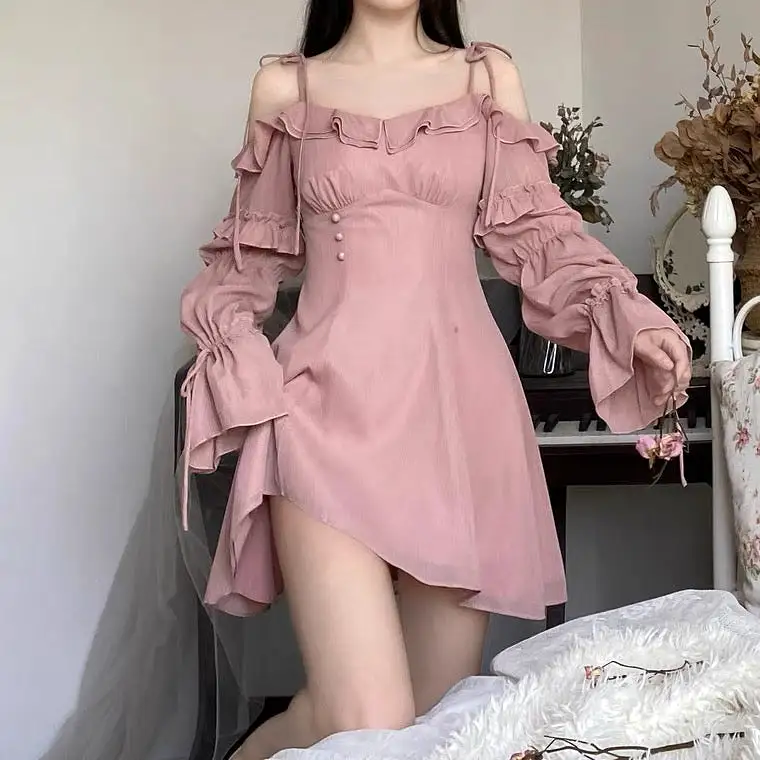 Pre-order Shiny pink/ purple off shoulder long sleeve mini dress