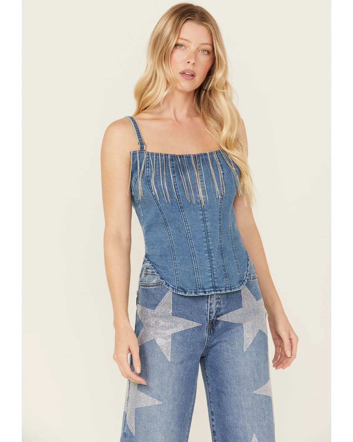 Product Name:  Rock & Roll Denim Women's Medium Wash Metal Fringe Denim Corset