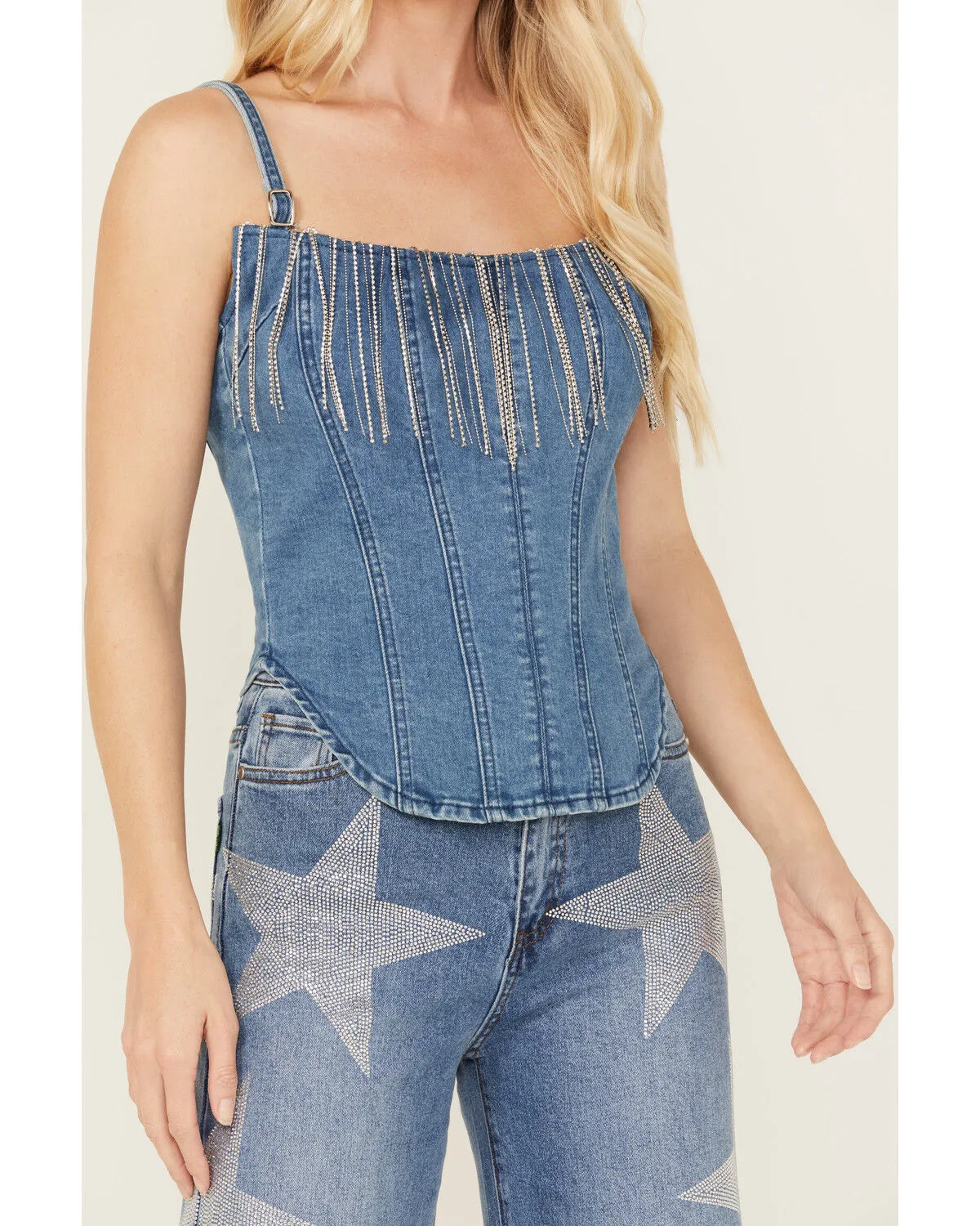 Product Name:  Rock & Roll Denim Women's Medium Wash Metal Fringe Denim Corset