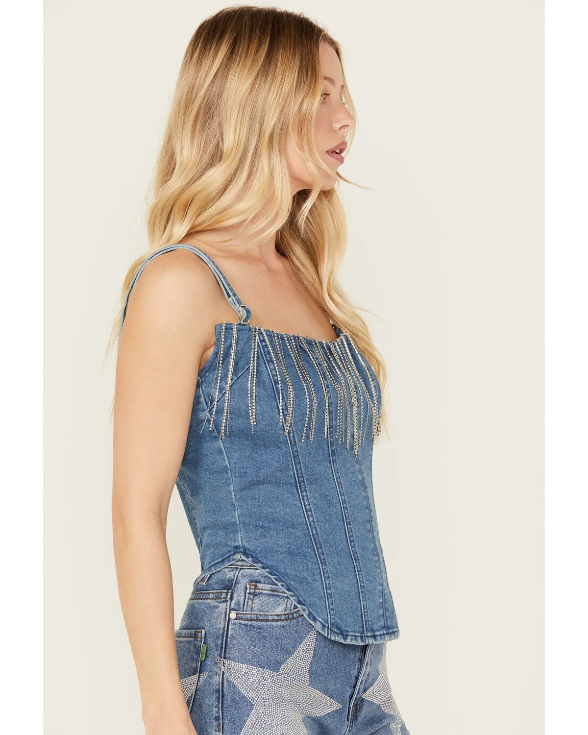 Product Name:  Rock & Roll Denim Women's Medium Wash Metal Fringe Denim Corset