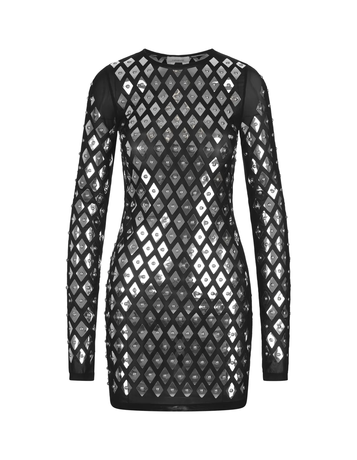 RABANNE Black Mini Dress With All-Over Rhombus and Studs