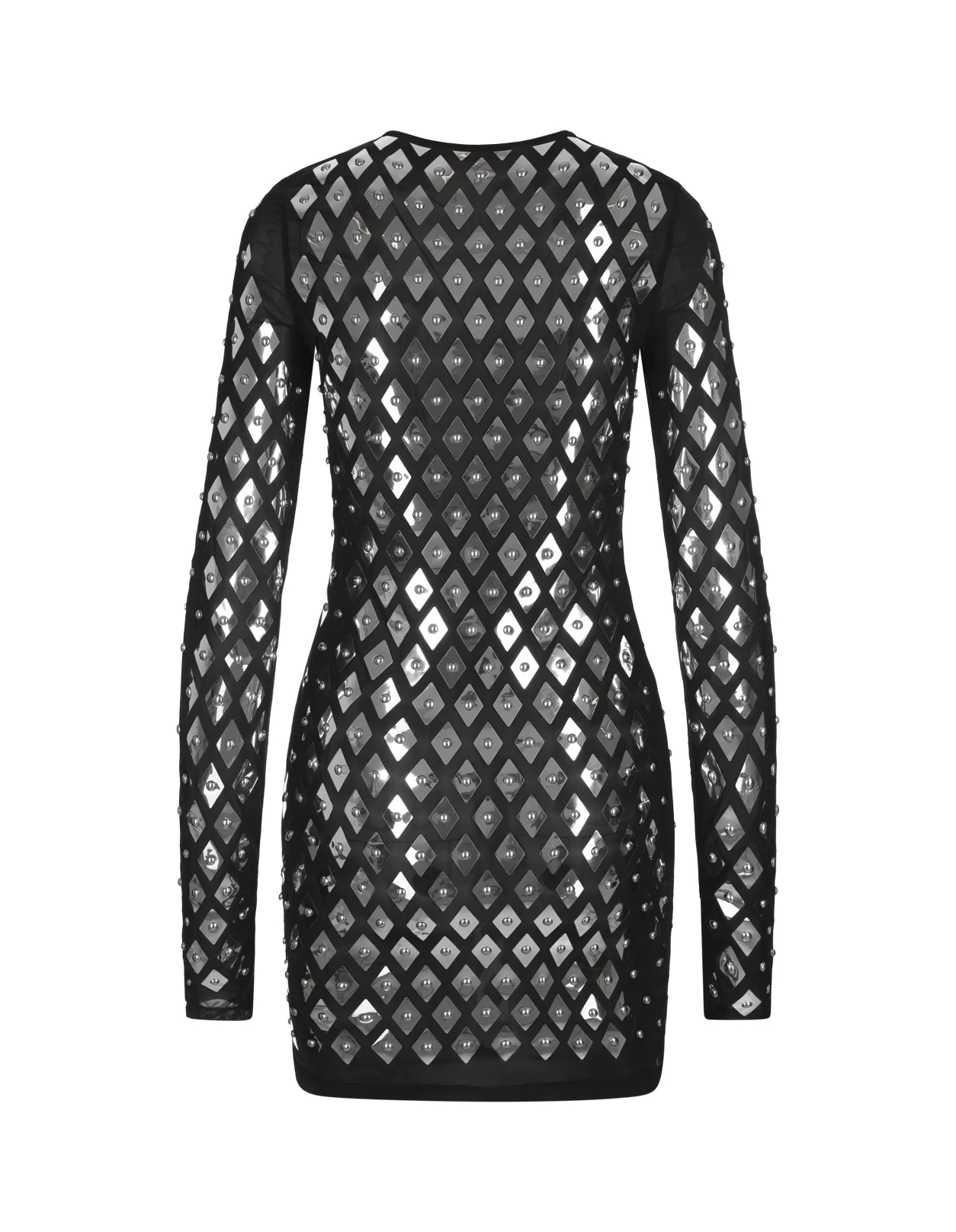 RABANNE Black Mini Dress With All-Over Rhombus and Studs