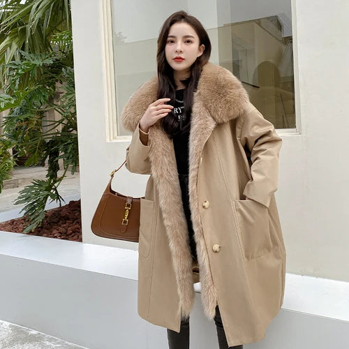 Removable Rex Rabbit Liner Real Fox Fur Collar Winter Coat for Women