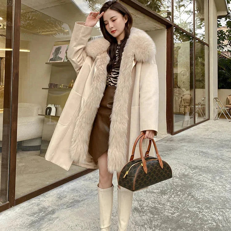 Removable Rex Rabbit Liner Real Fox Fur Collar Winter Coat for Women