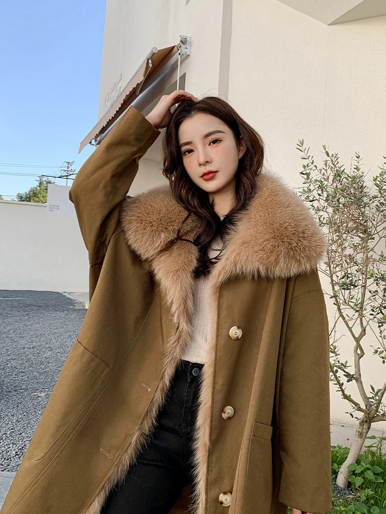 Removable Rex Rabbit Liner Real Fox Fur Collar Winter Coat for Women